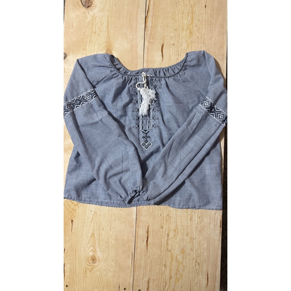 Womens Blue White Pinstripe Boho Embroidered Tassel‎ Peasant Blouse Top Small
